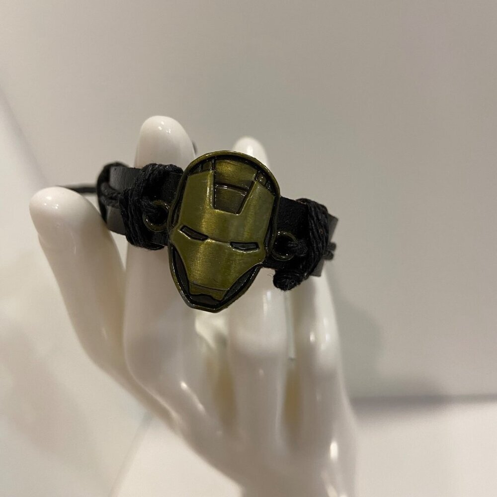 Iron Man style Leather Adjustable Bracelet With Black Cord & Metal Charm